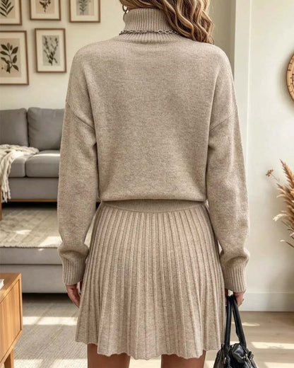 Set Hoher Kragen Pullover Langarm Plissierter Rock