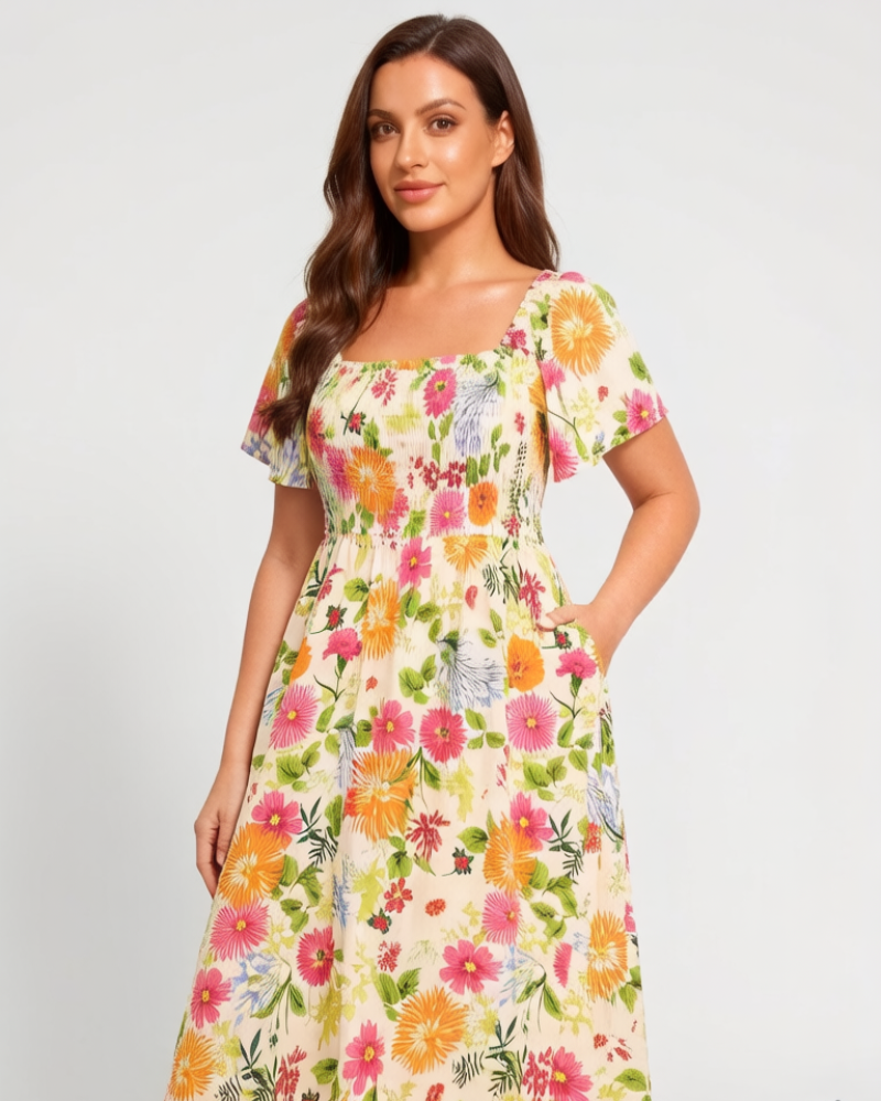 ⏰Sommer Heißer Verkauf 70% RABATT💃Geblümtes Smock-Kleid mit eckigem Ausschnitt und Taschen