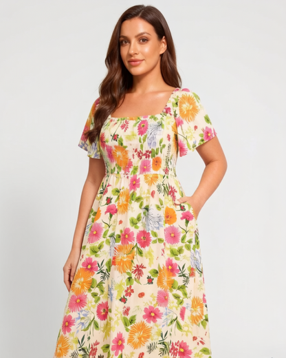 ⏰Sommer Heißer Verkauf 70% RABATT💃Geblümtes Smock-Kleid mit eckigem Ausschnitt und Taschen