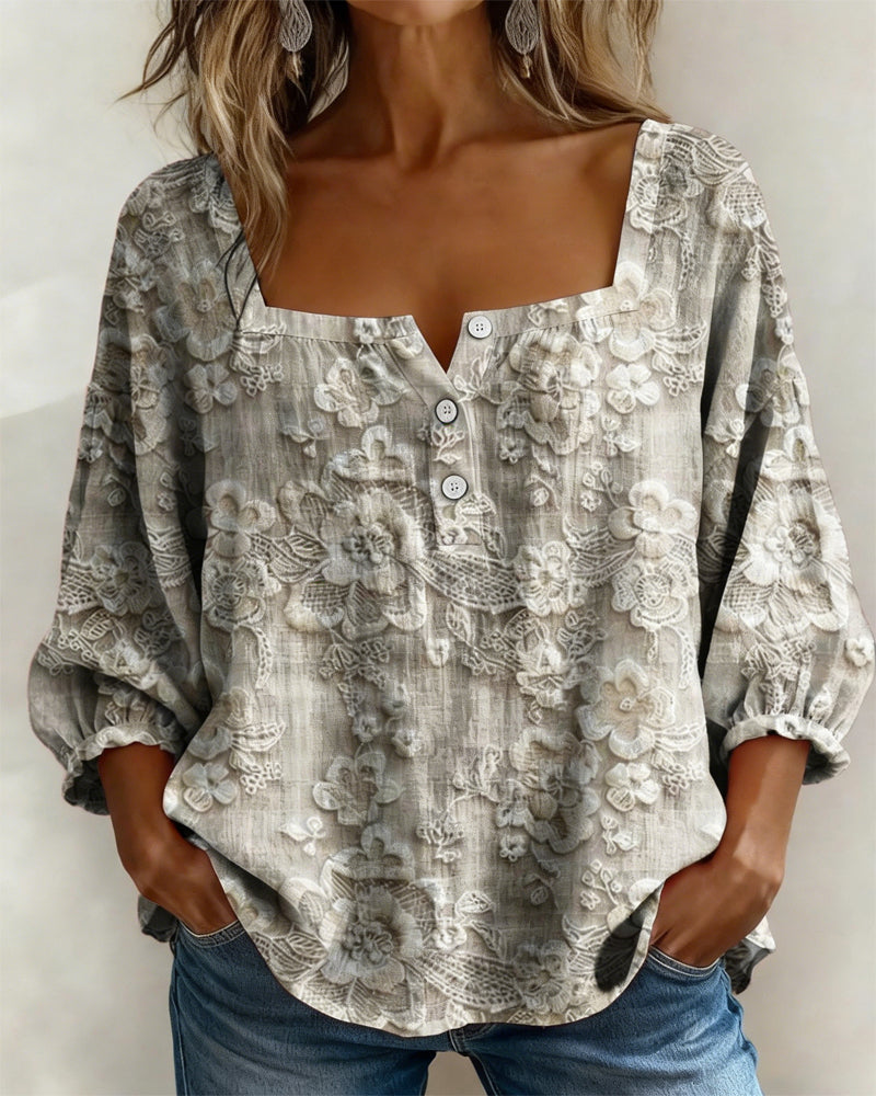 Bluse mit eckigem Ausschnitt bestickt Puffärmel