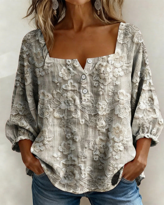 Bluse mit eckigem Ausschnitt bestickt Puffärmel