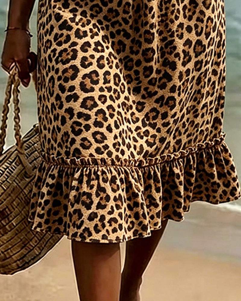 Kleid Leopardenmuster V-Ausschnitt Rüschen