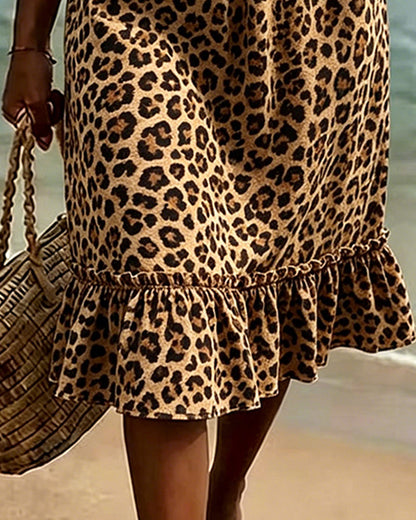 Kleid Leopardenmuster V-Ausschnitt Rüschen