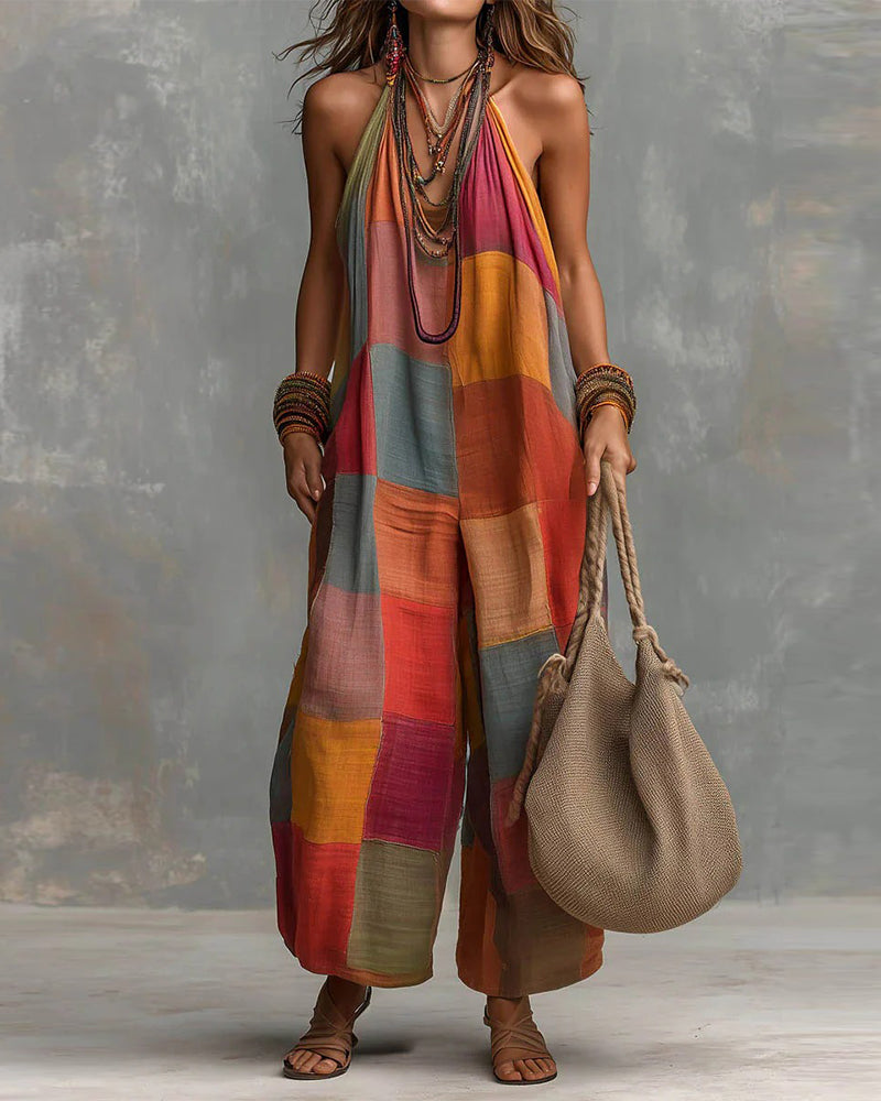 Jumpsuit Farbblock Halterneck Weit