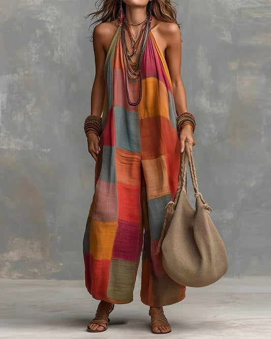 Jumpsuit Farbblock Halterneck Weit