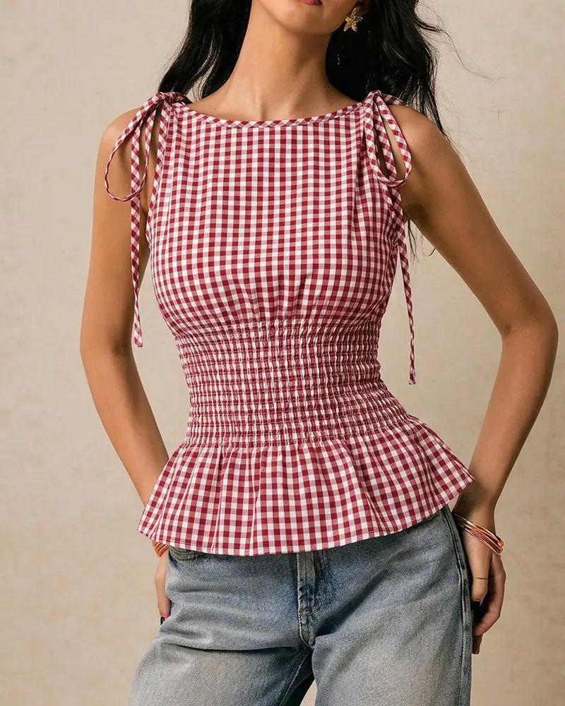 Bluse Ärmellos Karo Binden Taille