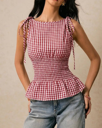 Bluse Ärmellos Karo Binden Taille