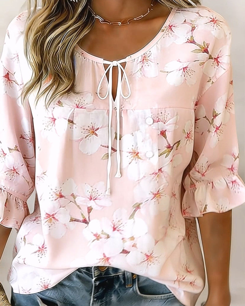 Bluse Kirschblütenprint Krawatte