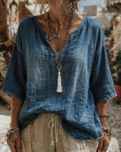 Top V-Ausschnitt Denim Halb Ärmel