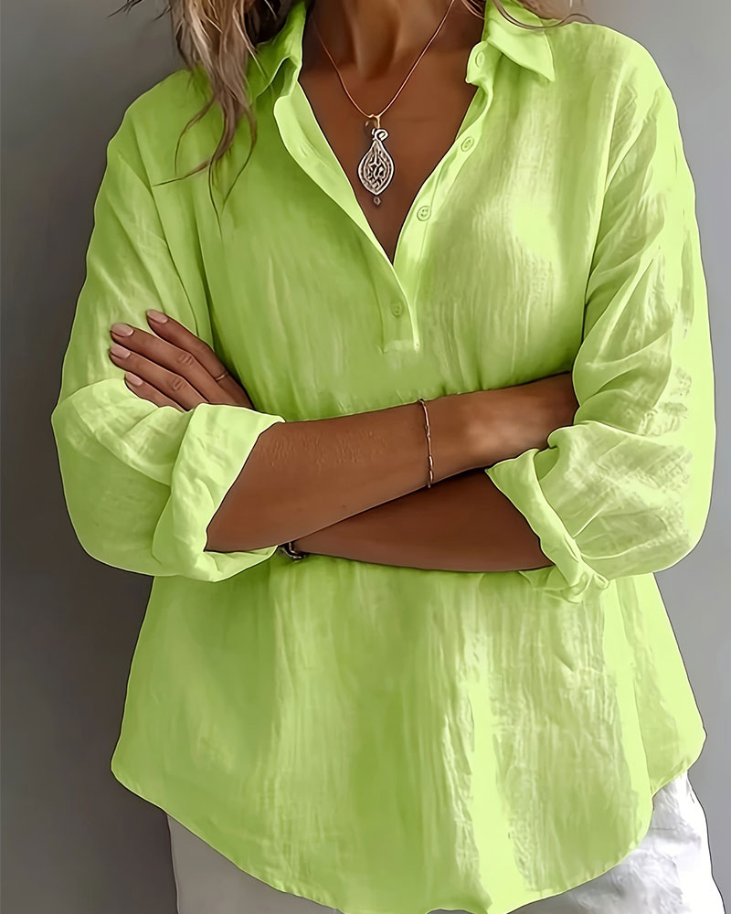 Bluse Einfarbig Revers Halbe Knopfleiste Langarm