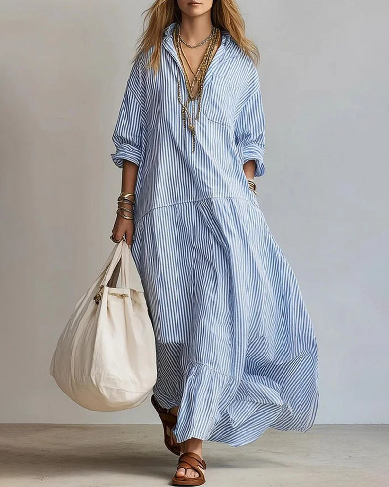Kleid Casual Revers Gestreift Lang