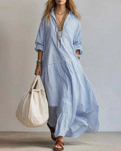 Kleid Casual Revers Gestreift Lang