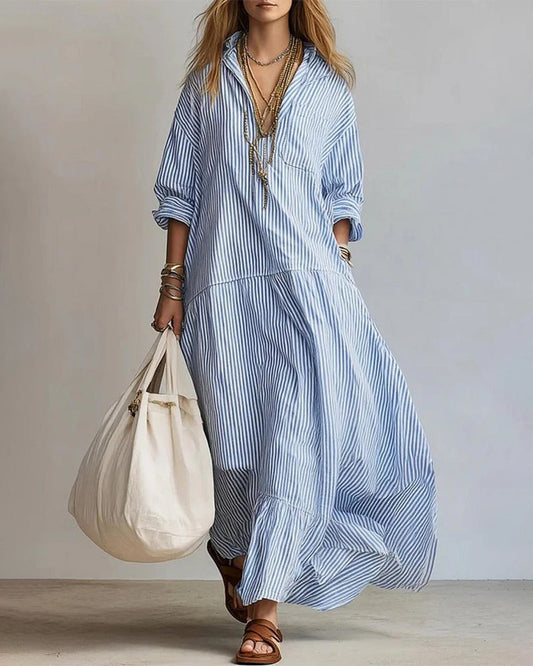 Kleid Casual Revers Gestreift Lang