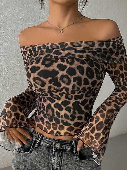 Y2k one shoulder leopard print long sleeve shirt