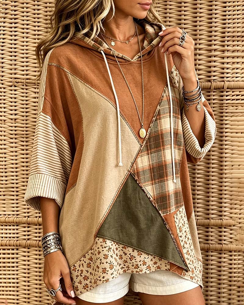 Hoodie Karo Streifen Blumen Patchwork