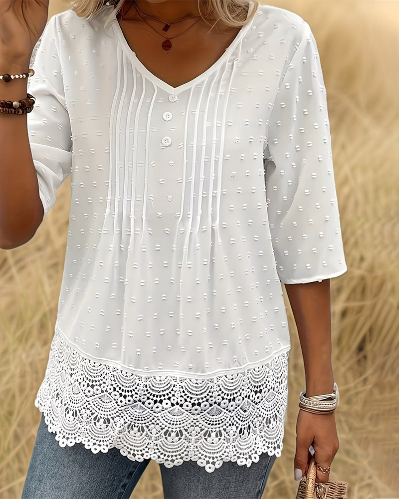 Bluse Jacquard Spitze Patchwork V-Ausschnitt