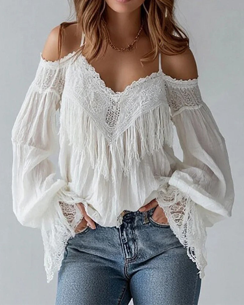 Schulterfreies Camisole-Top mit Spitze und Quasten