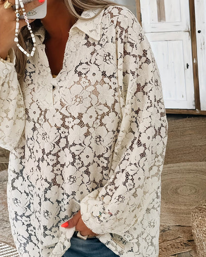Bluse Blumige Spitze Revers Langarm
