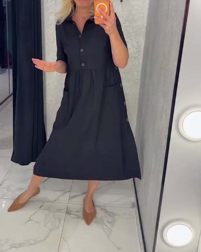 Kleid Schwarz Mit Kragen Geknöpft Taillenbetonend