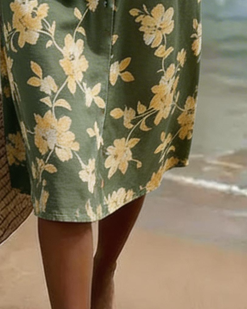 Kleid V-Ausschnitt Knopfleiste Geblümt