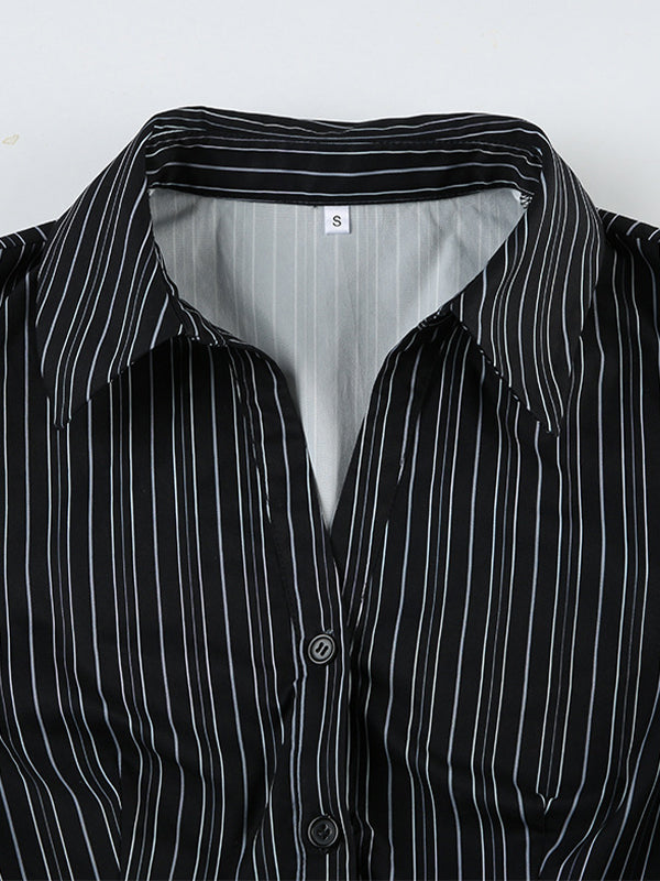 Black Vintage Stripe V Neck Slim Fit Long Sleeve Shirt