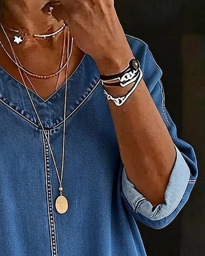 Bluse V-Ausschnitt Locker Denim
