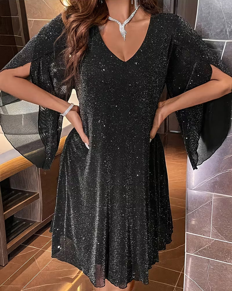 Kleid V-Ausschnitt Feiner Glitzer Modisch