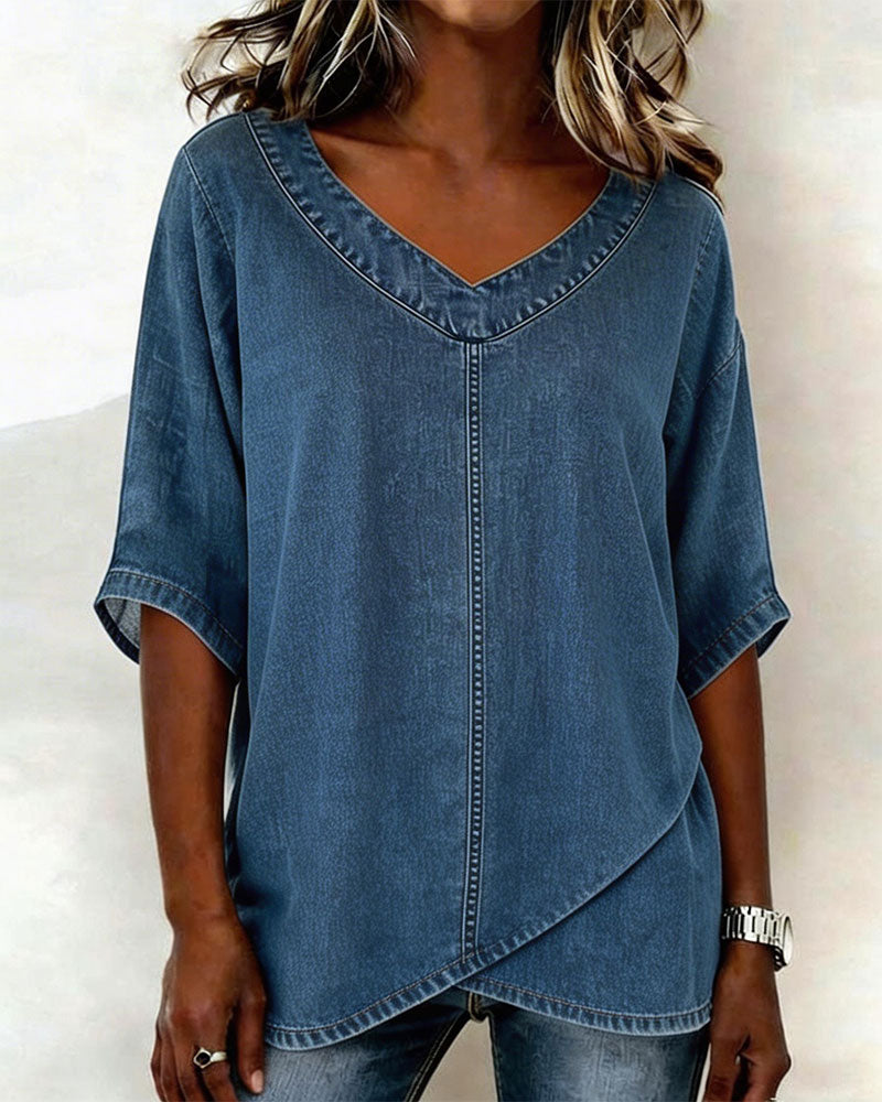 Top V-Ausschnitt Lässig Denim