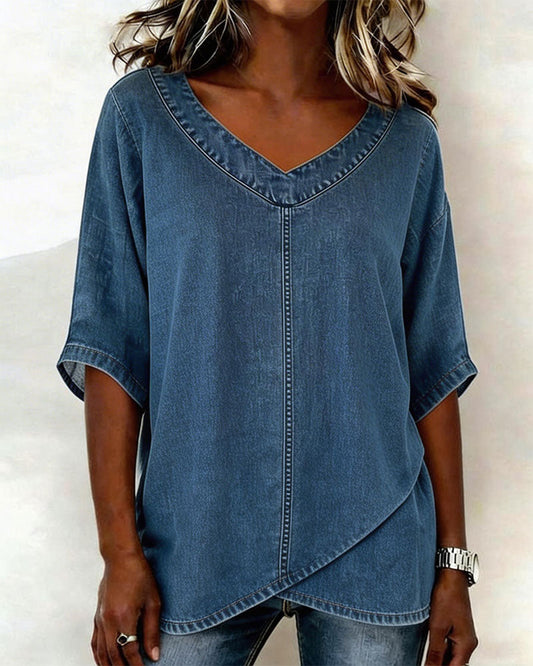 Top V-Ausschnitt Lässig Denim