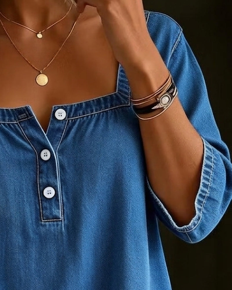 Bluse Eckiger Kragen Denim Henry