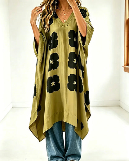 Kleid Print V-Ausschnitt Fledermausärmel Loose Fit