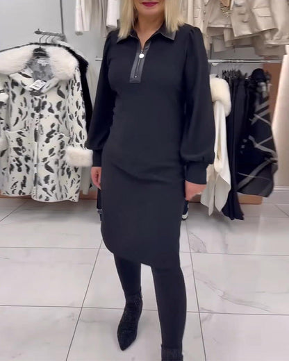 Kleid Reverskragen Puffärmel Halb-Reißverschluss