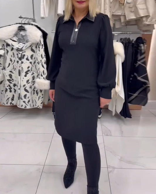 Kleid Reverskragen Puffärmel Halb-Reißverschluss