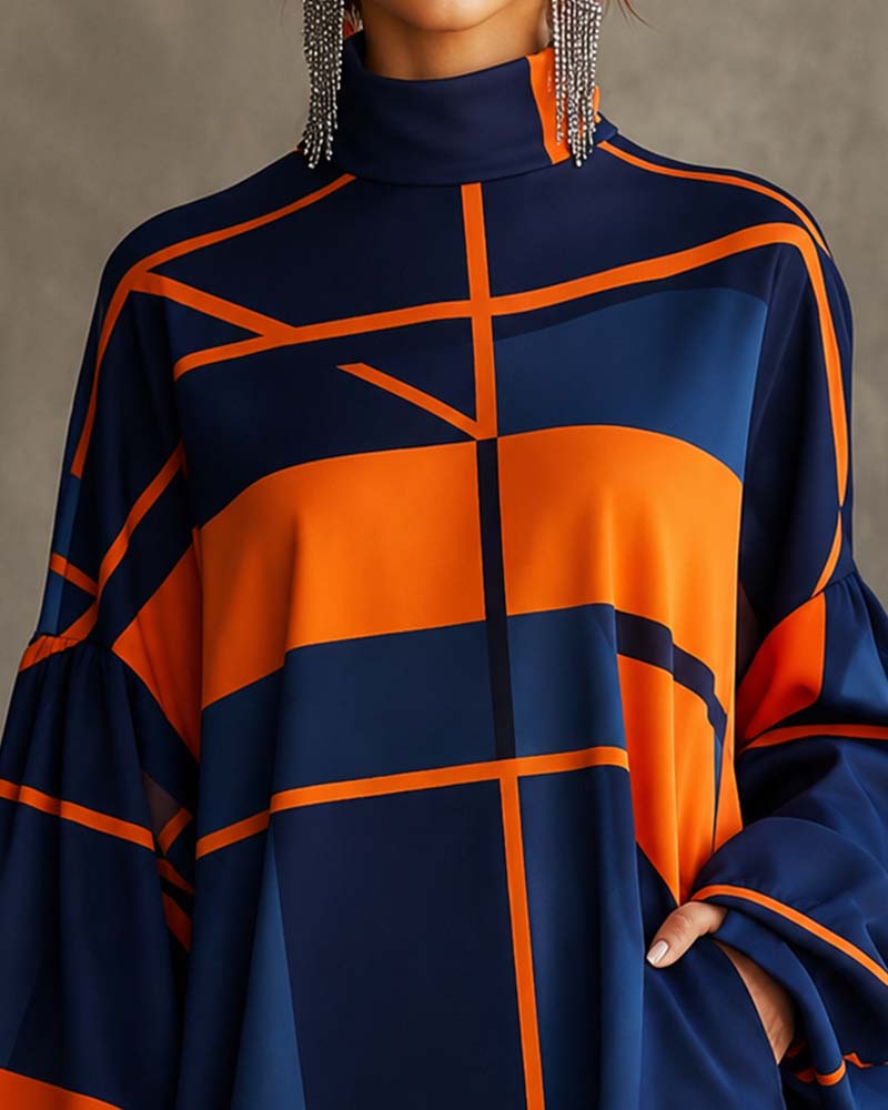 Kleid Kontrastfarbe Rollkragenlaterne Ärmel