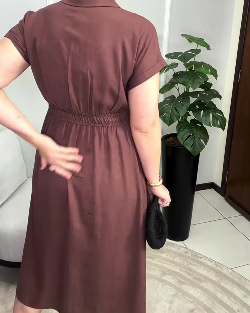 Kleid Unifarben Knopfleiste Taille