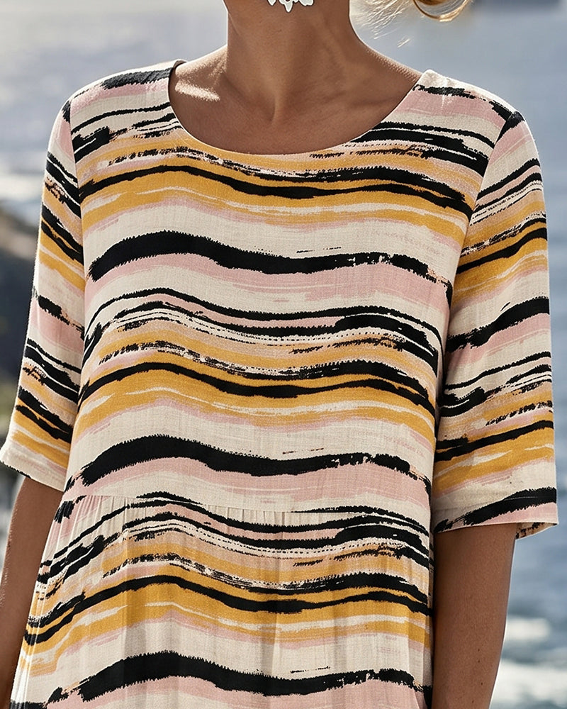 Kleid Kontrast Gestreift Rundhals
