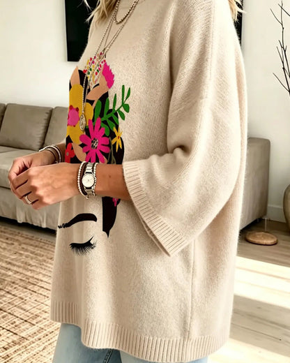 Loose Fit Gesicht Blumenprint Pullover
