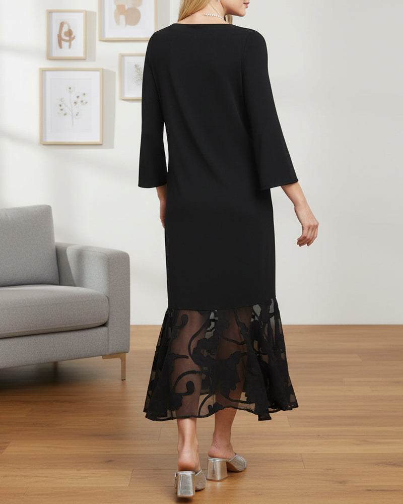 Kleid Mesh Applikation Runder Halsausschnitt Modisch