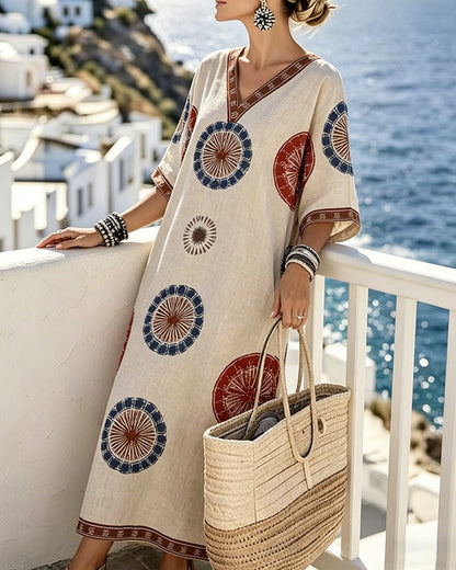 Kleid V-Ausschnitt Retro Kreis Druck Maxi