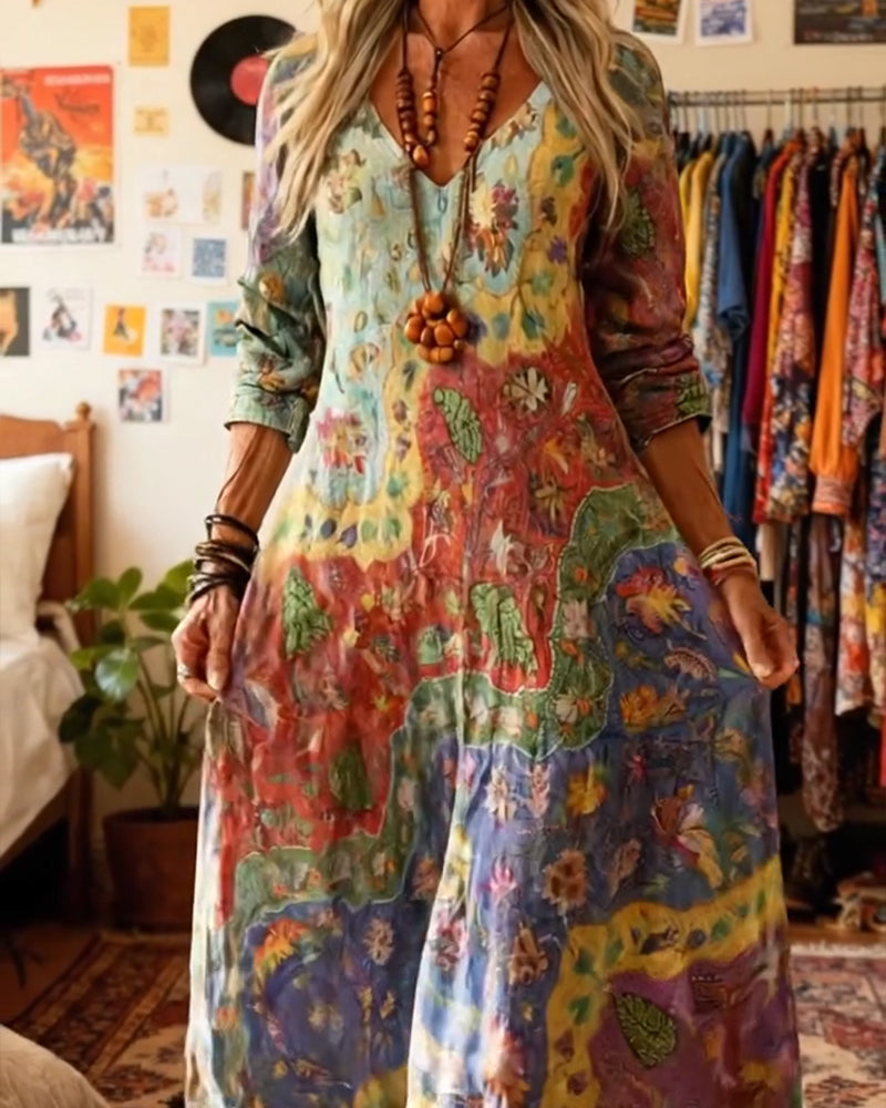 Kleid im Ölgemälde-Stil mit V-Ausschnitt