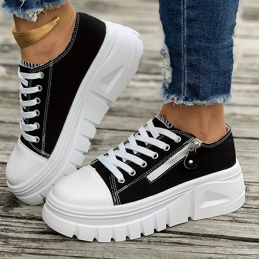 Black and White Chunky Zipper Sneaker - Ava