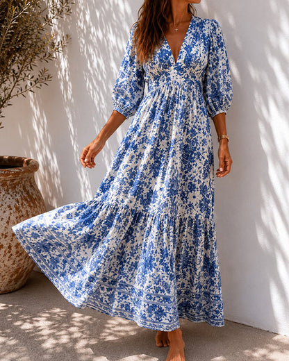 Kleider Blau Porzellan Print Taille Tailliert