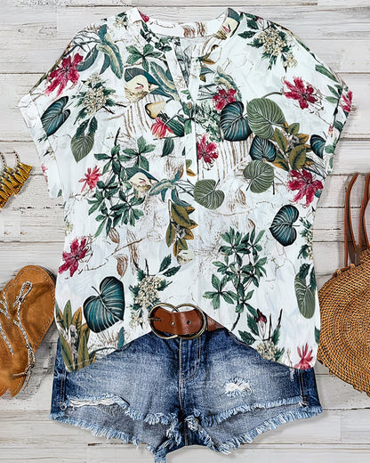 Bluse V-Ausschnitt Botanischer Print Lässig