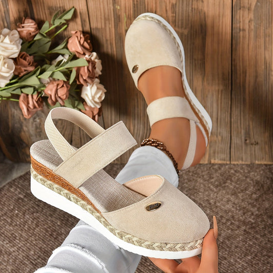 Beige Damen-Wedges mit elastischem Knöchelriemen - Clara