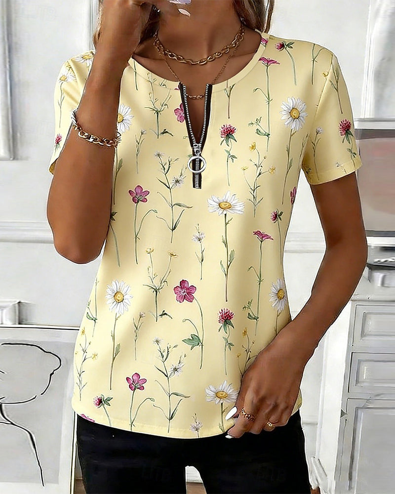 T-Shirt Wildblume Druck Halb Reißverschluss