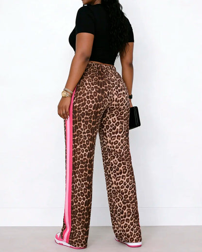 Hose Colorblock Leopardenmuster Kordelzug gerade geschnitten