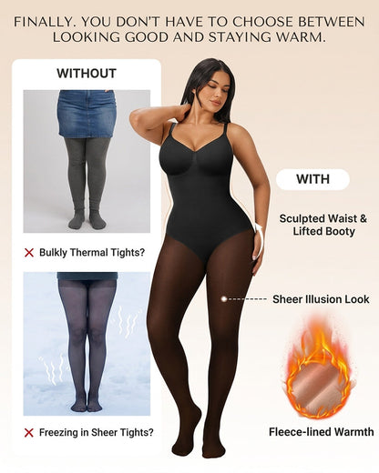 Transparentes Panel Mit Fleece-Gefütterter Strumpfhose Stay-Warm Bauchkontrolle Sheer-Effekt Strumpfhose Bodysuit Schwarz Basic