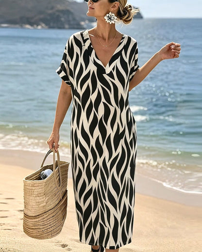 Kleid V-Ausschnitt Kurzarm Loose Fit