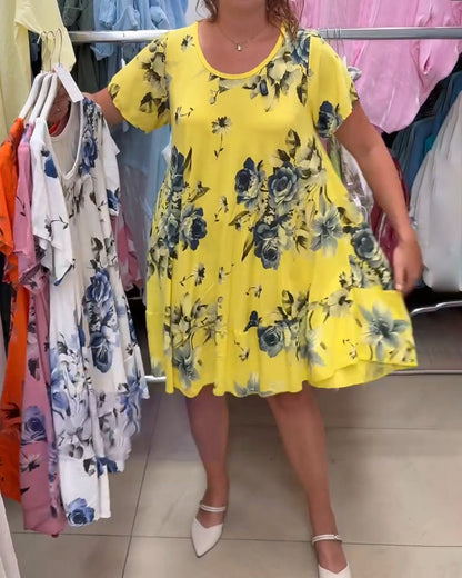 Kleid Rundhals Blumen A-Linie