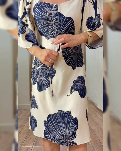 Kleid Blütenblattdruck V-Ausschnitt kurzer Ärmel